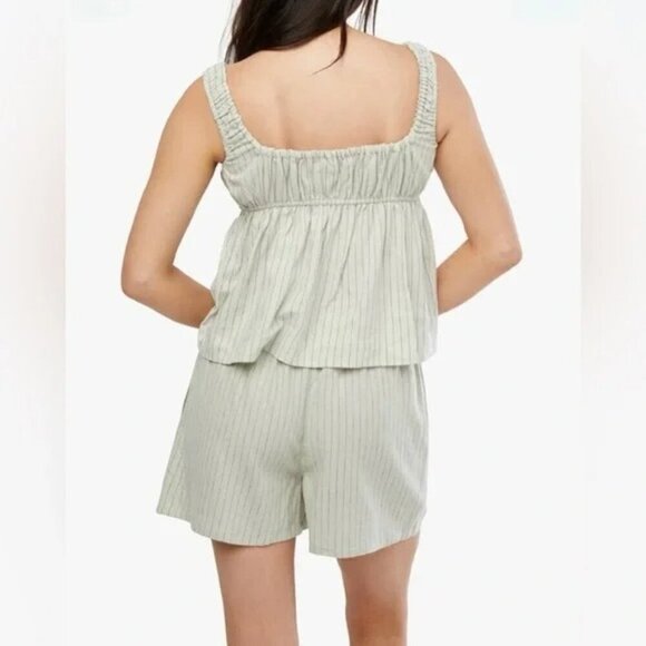 WeWoreWhat Pinstripe Tie-Front Keyhole Linen Cami Tank Top In Sage Size M - Picture 2 of 10